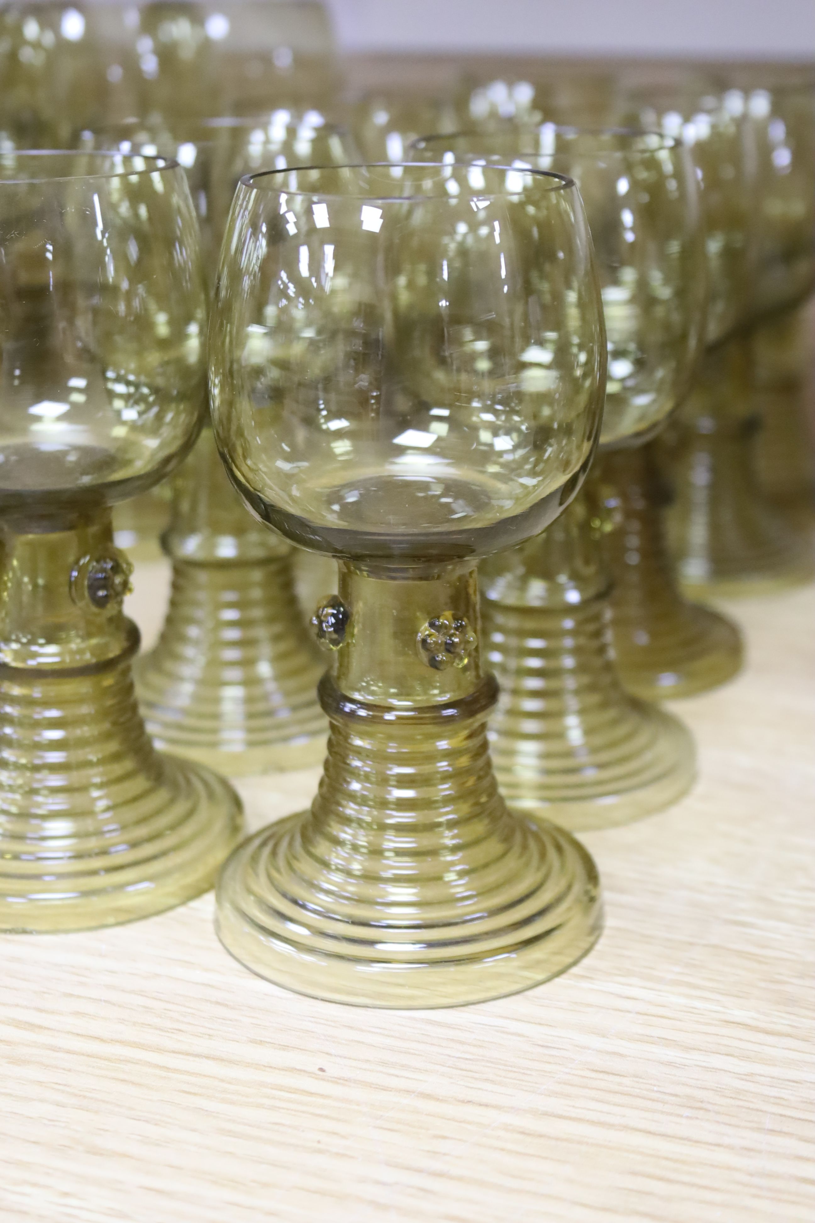 A large collection of roemer and humpen type drinking glasses